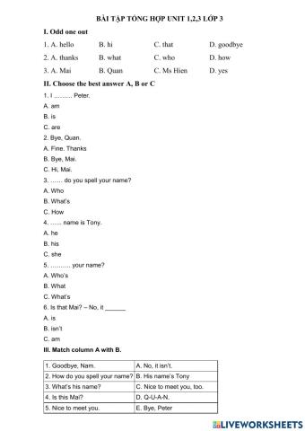 Review unit 1, 2, 3 Grade 3