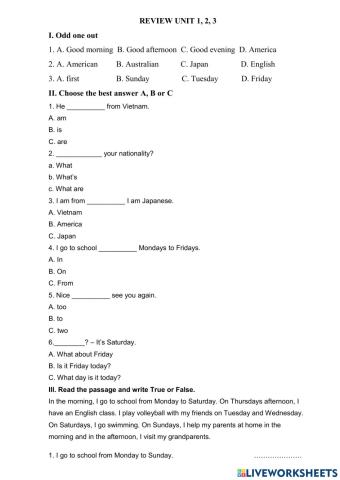 Review unit 1, 2, 3 Grade 4