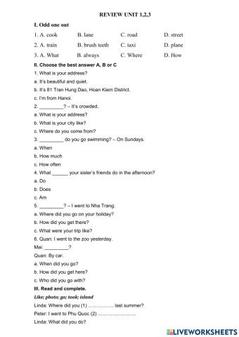 Review unit 1, 2, 3 Grade 5