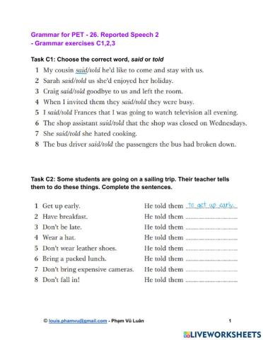 Grammar for PET - 26. Reported Speech 2  - Grammar exercises C1,2,3