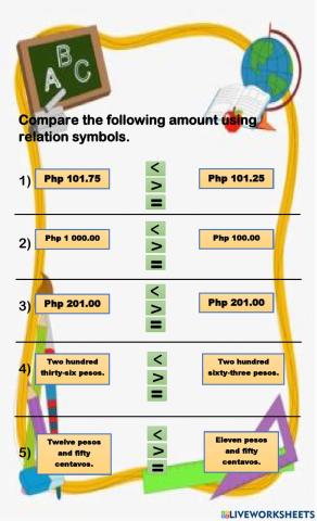 Comparing money using relation symbols.