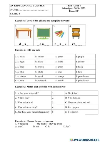 PBT Test Unit 9 Lớp 3 Mrs.Thuy