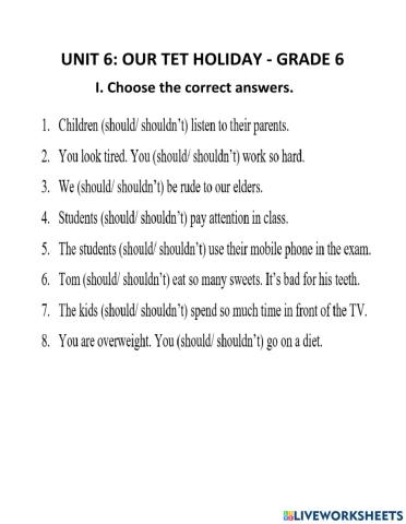 Grade 6- unit 6: should- shouldn't