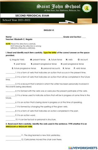 Second Periodical Exam in English VI