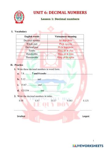 Math 5-U6L1-Decimal numbers