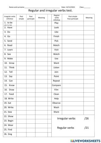 Regular and irregular verbs test