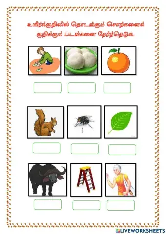 உயிர்க்குறில் சொற்களைக் குறிக்கும் படங்களைத் தேர்ந்தெடுக