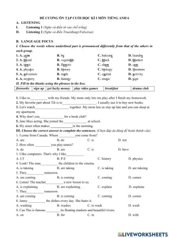 Bài tập ôn thi cuối học kì i tiếng anh 6