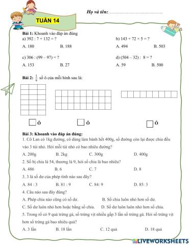 Phiếu Toán tuần 14