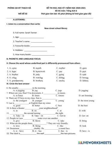 1st semester test English 6