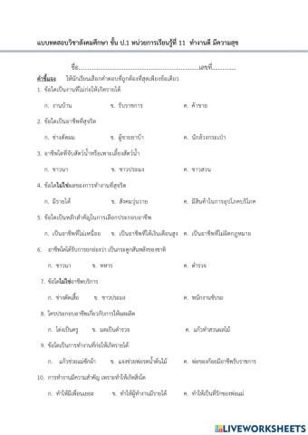 หน่วยการเรียนรู้ที่ 11  ทำงานดี มีความสุข