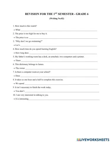 Revision for the 1st semester - grade 6 (Writing 02)