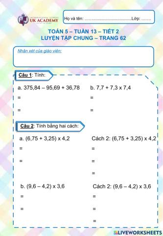 Toán 5 - Luyện tập chung - Trang 62