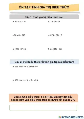 Ôn tập tính giá trị biểu thức