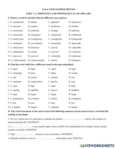 Unit 6. ENDANGERED SPECIES  PART 1: A. PHONETICS AND PHONOLOGY & VOCABULARY