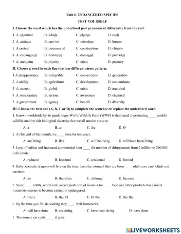 Unit 6. ENDANGERED SPECIES  TEST YOURSELF