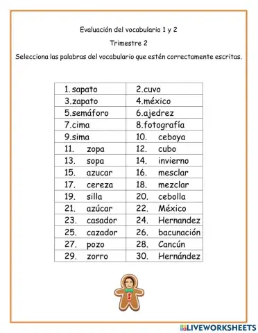 Evaluación vocabulario 1 y 2