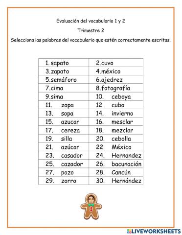 Evaluación vocabulario 1 y 2