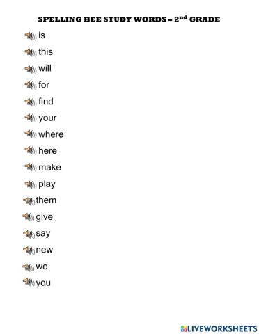 Spelling bee study words - grade 2