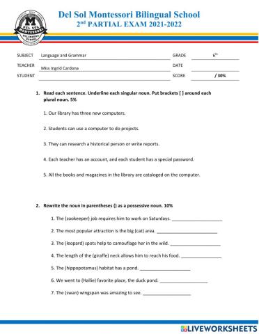 Language and Grammar  Exam 6th