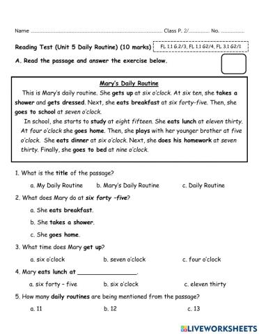 Grade 2 Reading Test unit 5