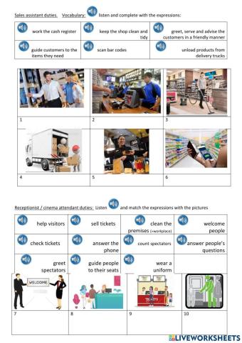 Sales assistants' and cinema attendants' duties