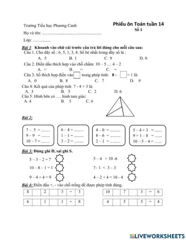 Phiếu bài tập Toán tuần 14 - số 1