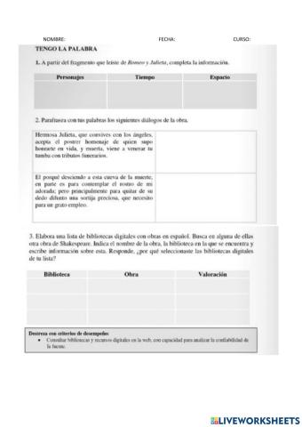 Ejercicio de Lectura Romero y Julieta