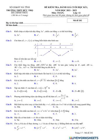Toán 12 - Kiểm tra CK1 - Đề số 02 (100- TN)