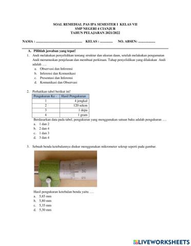 Soal PAS IPA 7 Semester Ganjil