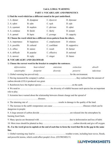 Unit 6. GLOBAL WARMING PART 1: VOCABULARY AND PHONETICS