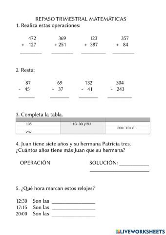 Repaso trimestral matemáticas