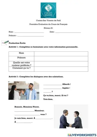 Premiere Evaluation - CURSOS SAN VICENTE DE PAÚL - FRANCAIS A1
