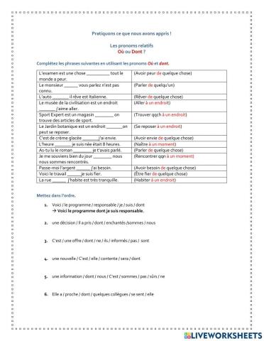 Les pronoms relatifs où et dont