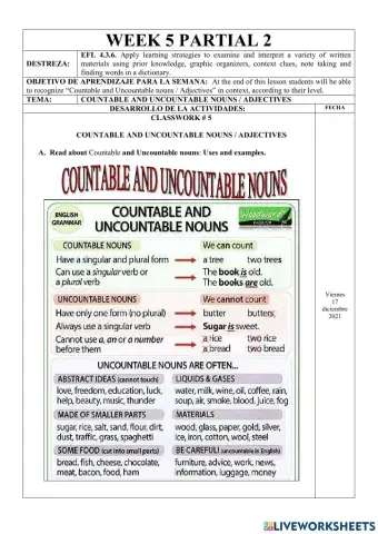 Ejercicios Online-10th EGB- Countable and Uncountable nouns - Adjectives