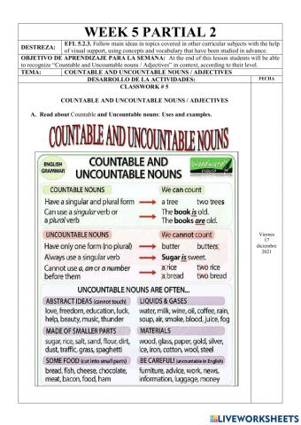 Ejercicios Online-1st BGU- Countable and Uncountable nouns - Adjectives