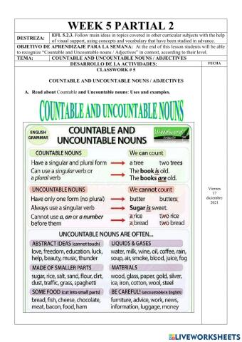 Ejercicios Online-2nd BGU-Countable and Uncountable nouns - Adjectives