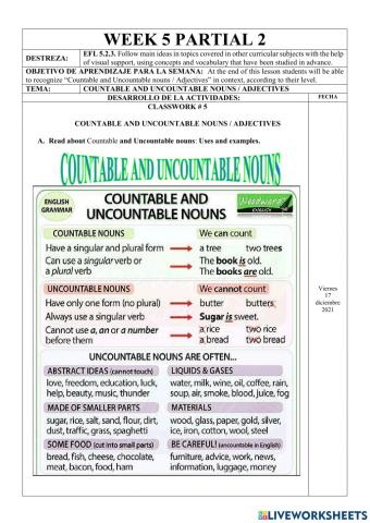 Ejercicios Online- 3rd BGU-Countable and Uncountable nouns - Adjectives
