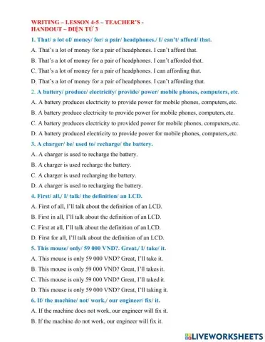 LESSON 4+5 WRITING- TEACHER'S HANDOUT- Điện tử 3