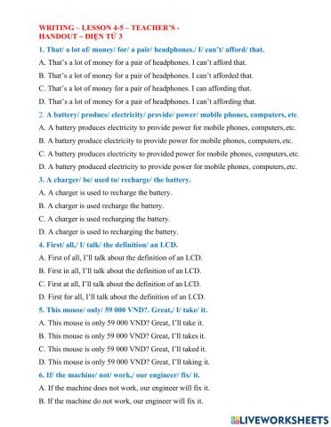 LESSON 4+5 WRITING- TEACHER'S HANDOUT- Điện tử 3
