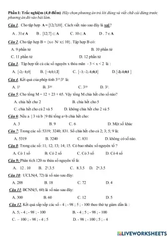 Trắc nghiệm HK1 Toán 6 đề 4