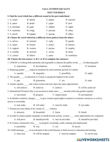 Unit 6. GENDER EQUALITY  TEST YOURSELF