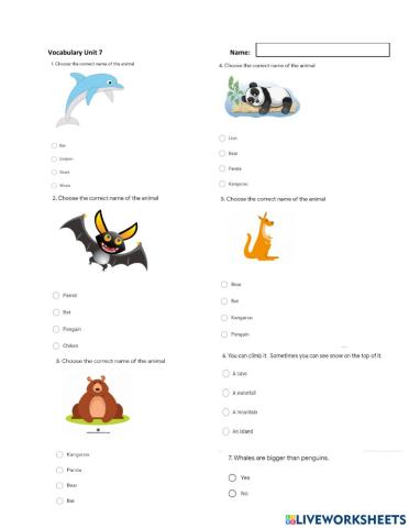 Wild Animals Vocavulary Test