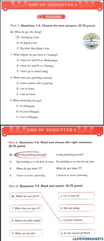 Reading test final term 1 el4