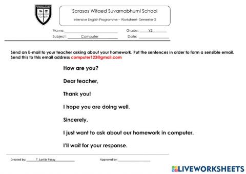 Year 2 Email to teacher