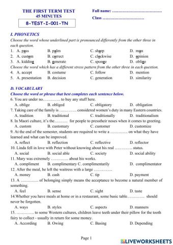 Tieng Anh Lop 8 - 1st Term Test 01