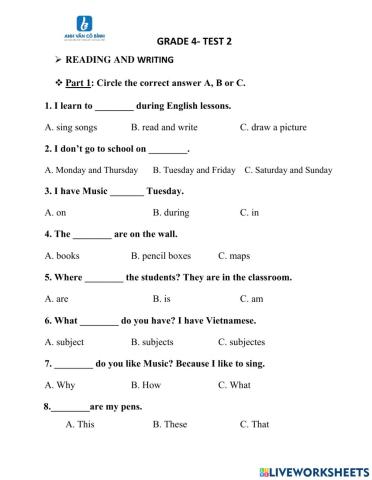 Grade 4- LL2- review test 2