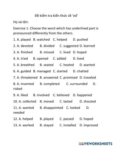 Đề kiểm tra kiến thức về ed