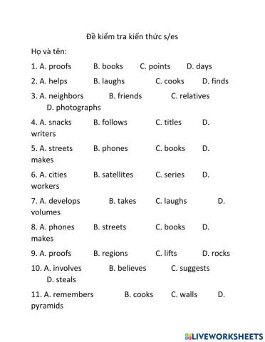 Đề kiểm tra kiến thức s và es