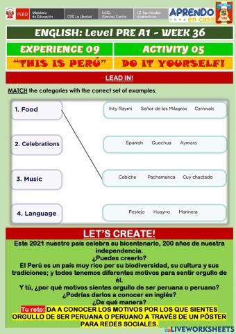 Week 36 - ENGLISH PRE A1 - Experience 9 - Activity 5. Do it yourself!